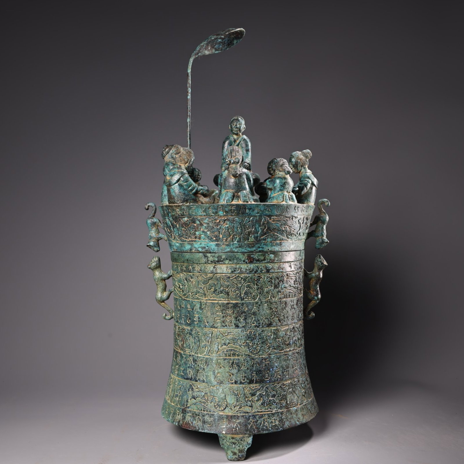 An Exquisite Bronze Character and Story Pattern Tripod Ornament,With Inscription: An Exquisite Bronze Character and Story Pattern Tripod Ornament,With Inscription,Ancient Time,China,Size:18.9inx7.9in,Weight:6000g 青铜人物故事纹三Ū