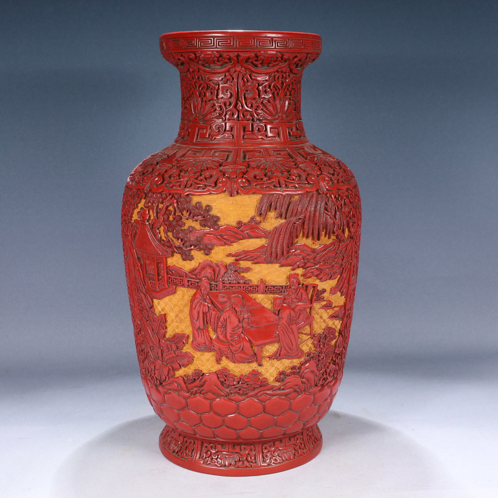 A Huge Carved Red Lacquer Landscape and Figure Pattern Vase: A Huge Carved Red Lacquer Landscape and Figure Pattern Vase,Qing Dynasty, China,Qianlong Six-character Mark,Size:9.8inx20.5in,Weight:4000g 剔红漆山水人物ń
