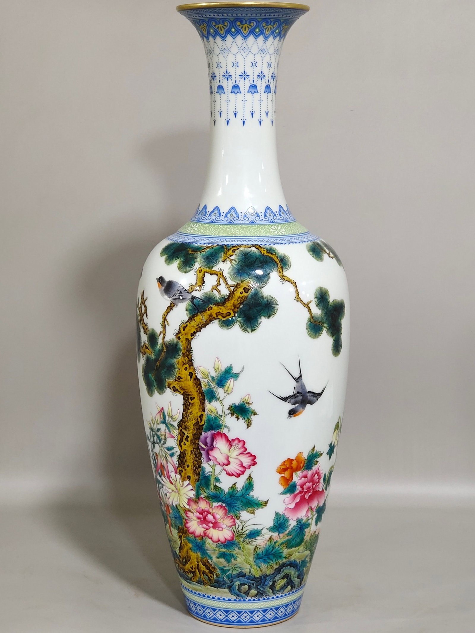 A Rare Famille-Rose Flower and Bird Pattern Vase,with poem: A Rare Famille-Rose Flower and Bird Pattern Vase,with poem,Qing Dynasty,China,Qianlong Six-character Mark,Size:13.9inx4.7in 粉彩花鸟纹瓶,带诗文,&#