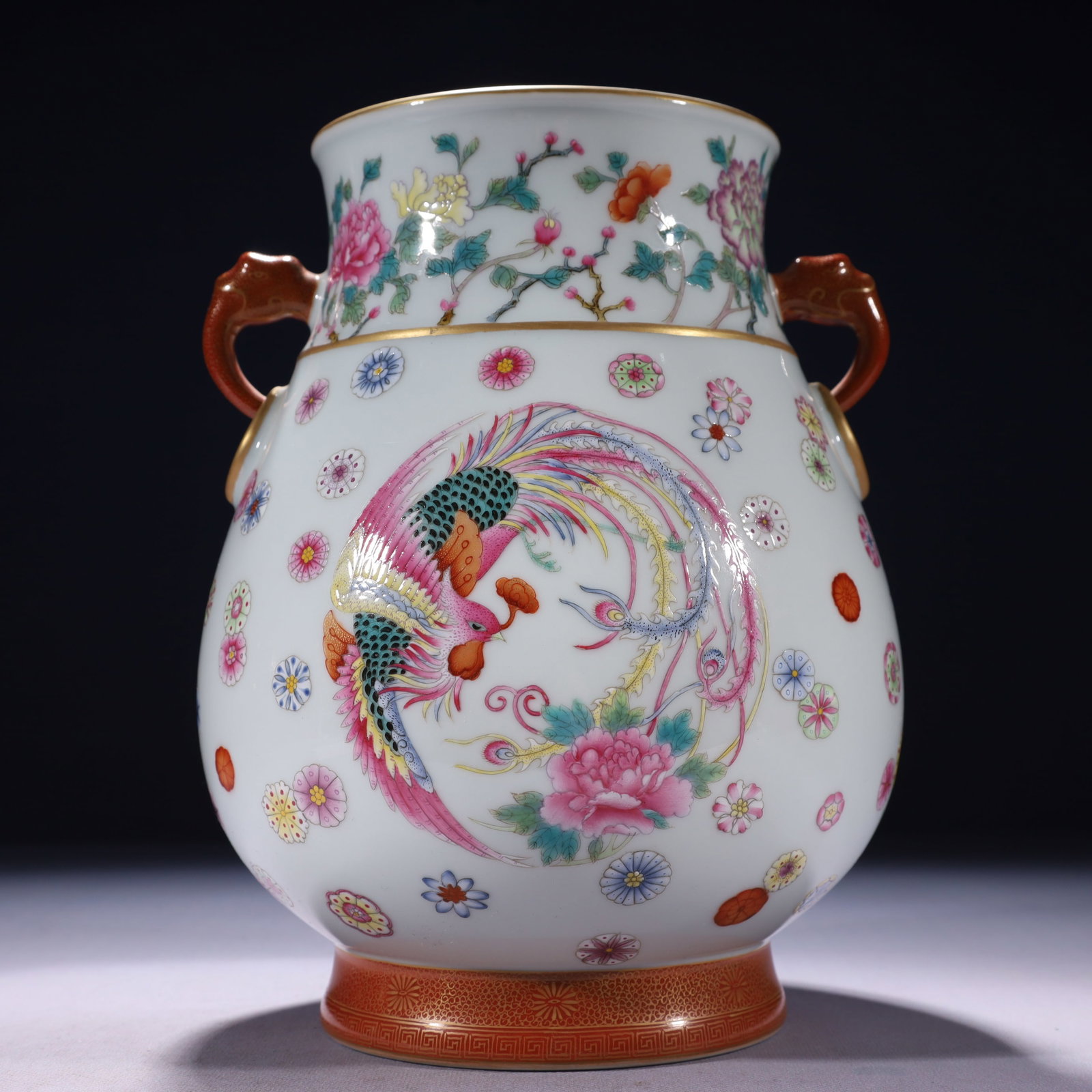 An Exquisite Famille-Rose Painted Gold Flower and Phoenix Pattern Double-Ears Vase: An Exquisite Famille-Rose Painted Gold Flower and Phoenix Pattern Double-Ears Vase,Qing Dynasty,China,Yongzheng Six-character Mark,Size:7.5inx9.8in,Weight:1950g