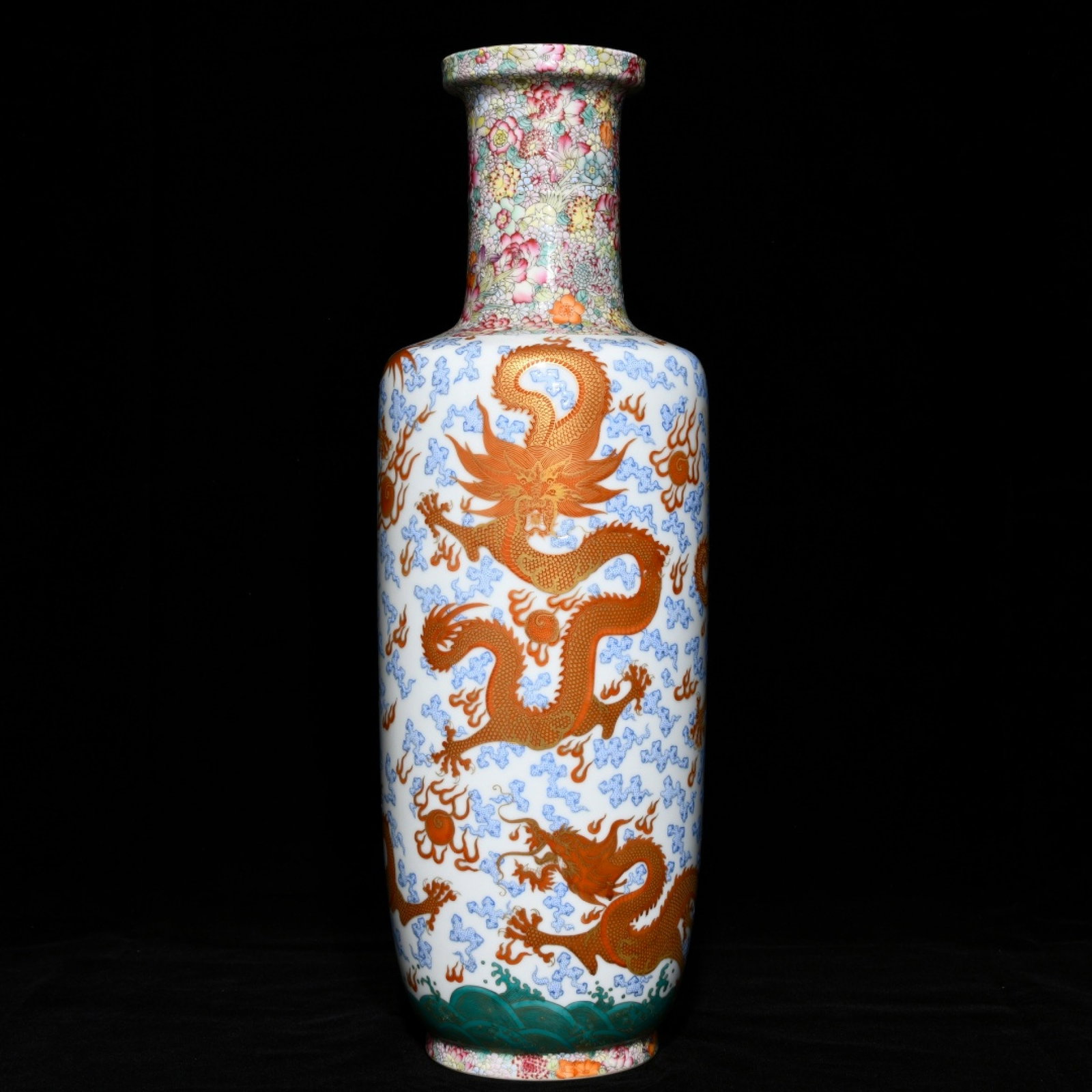 A Huge Famille-Rose Iron-Red Painted Gold Auspicious Cloud and Dragon Pattern Vase: A Huge Famille-Rose Iron-Red Painted Gold Auspicious Cloud and Dragon Pattern Vase,Qing Dynasty,China,Yongzheng Six-character Mark,Size:18.3inx6.5in