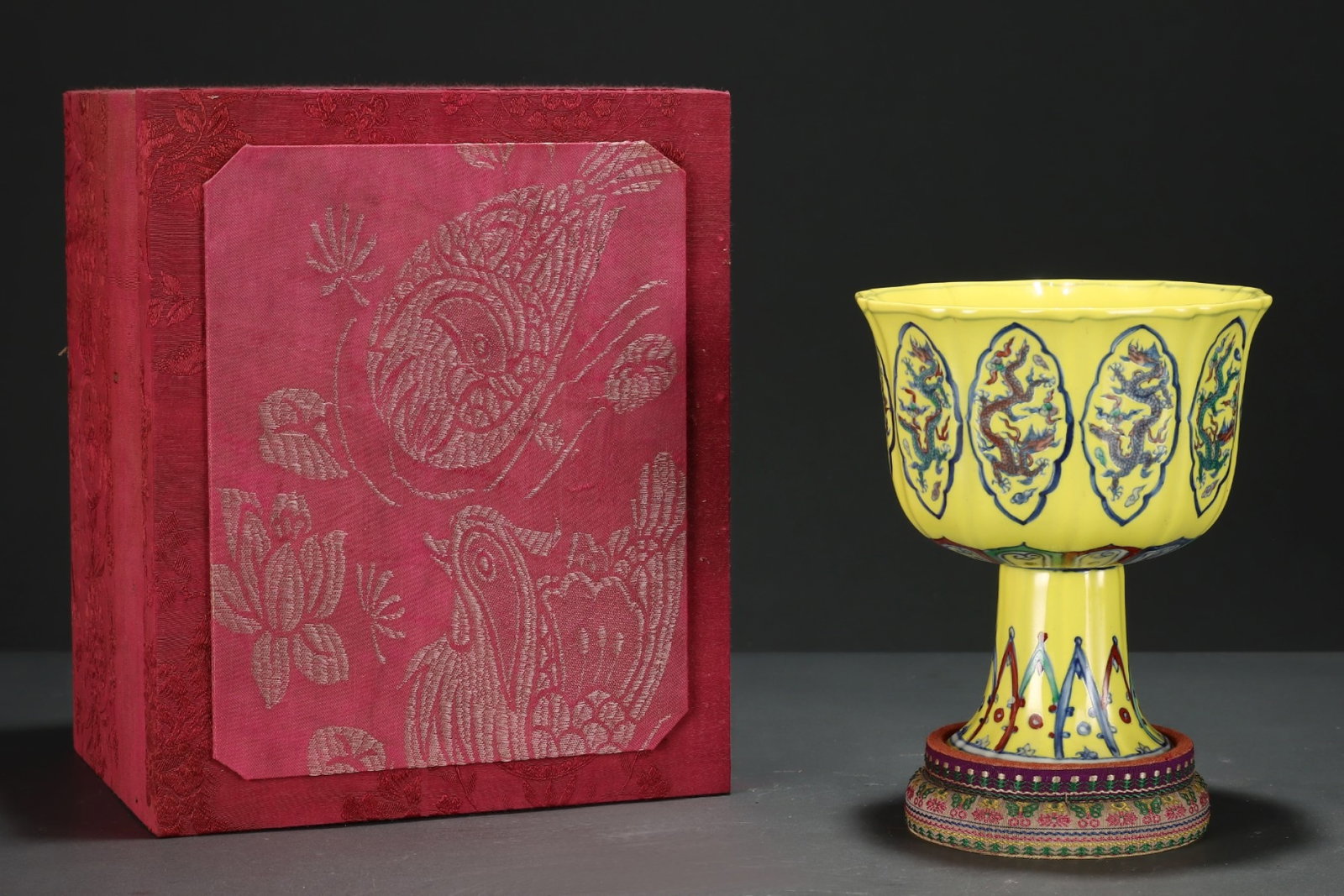 An Exquisite Yellow Ground Doucai Auspicious Cloud and Dragon Pattern Stem Cup (1 of 8)