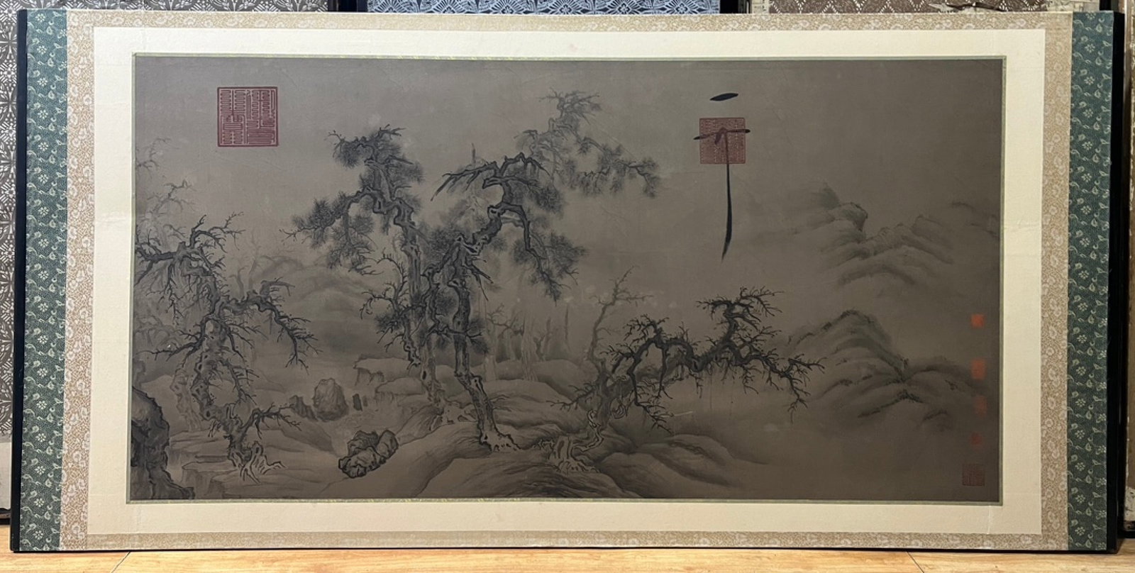 A Chinese Ink Painting of Landscape on Paper With Frame: A Chinese Ink Painting of Landscape on Paper With Frame,Song Huizong,Size:25.6inx53.5in 一幅中国水墨山水画带画框,宋徽