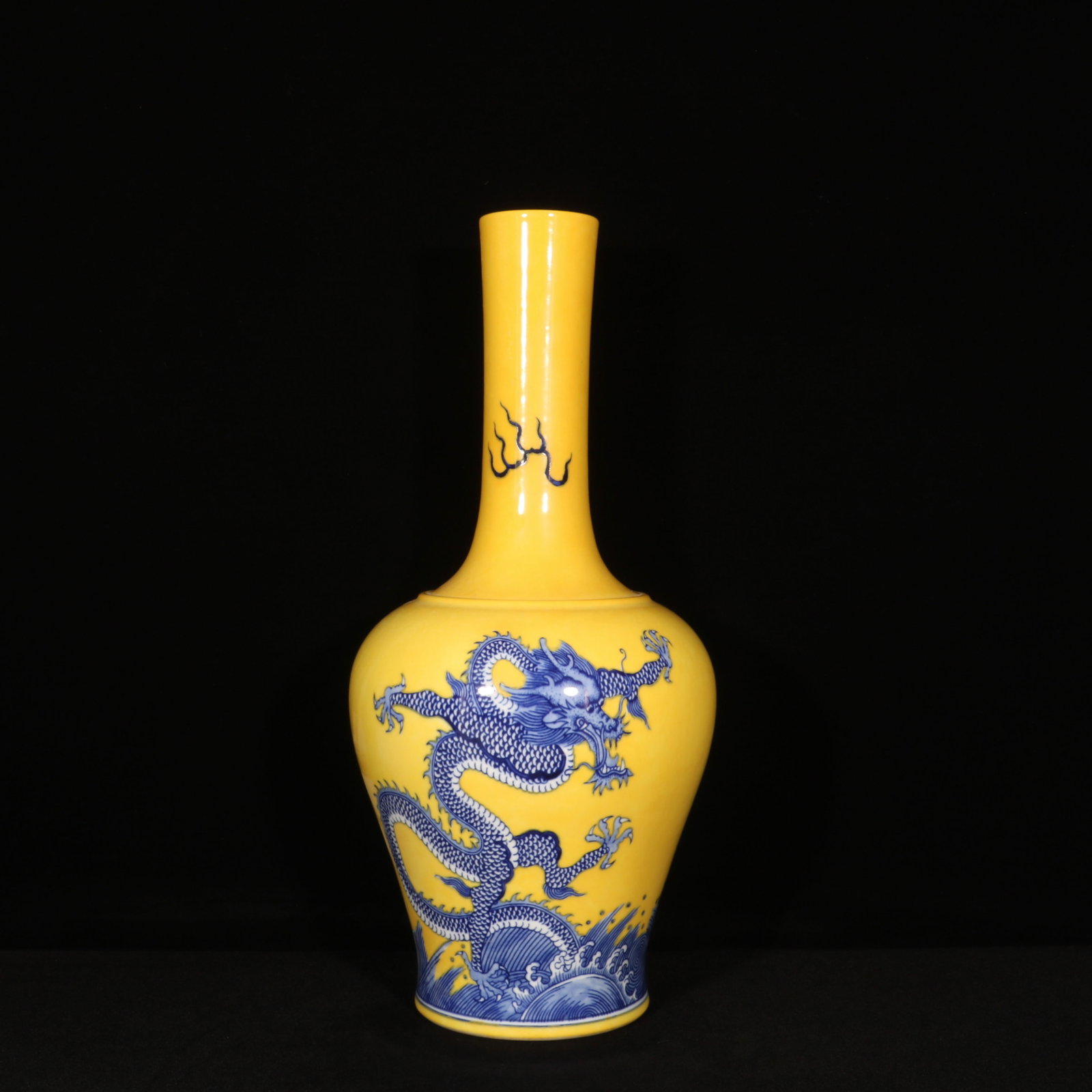 A Huge Yellow Ground Blue and White Seawater and Dragon Pattern Vase (1 of 9)