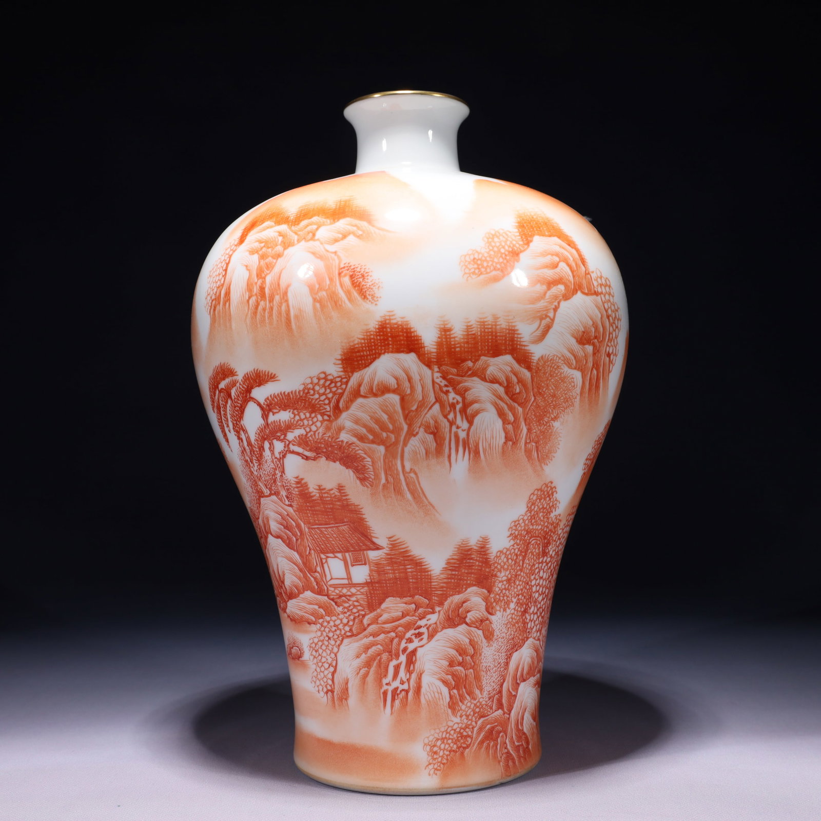 An Exquisite Iron-Red Painted Gold Landscape and Figure Pattern Vase: An Exquisite Iron-Red Painted Gold Landscape and Figure Pattern Vase,Qing Dynasty,China,Qianlong Six-character Mark,Size:7.5inx13in,Weight:2650g 矾红描金山水人