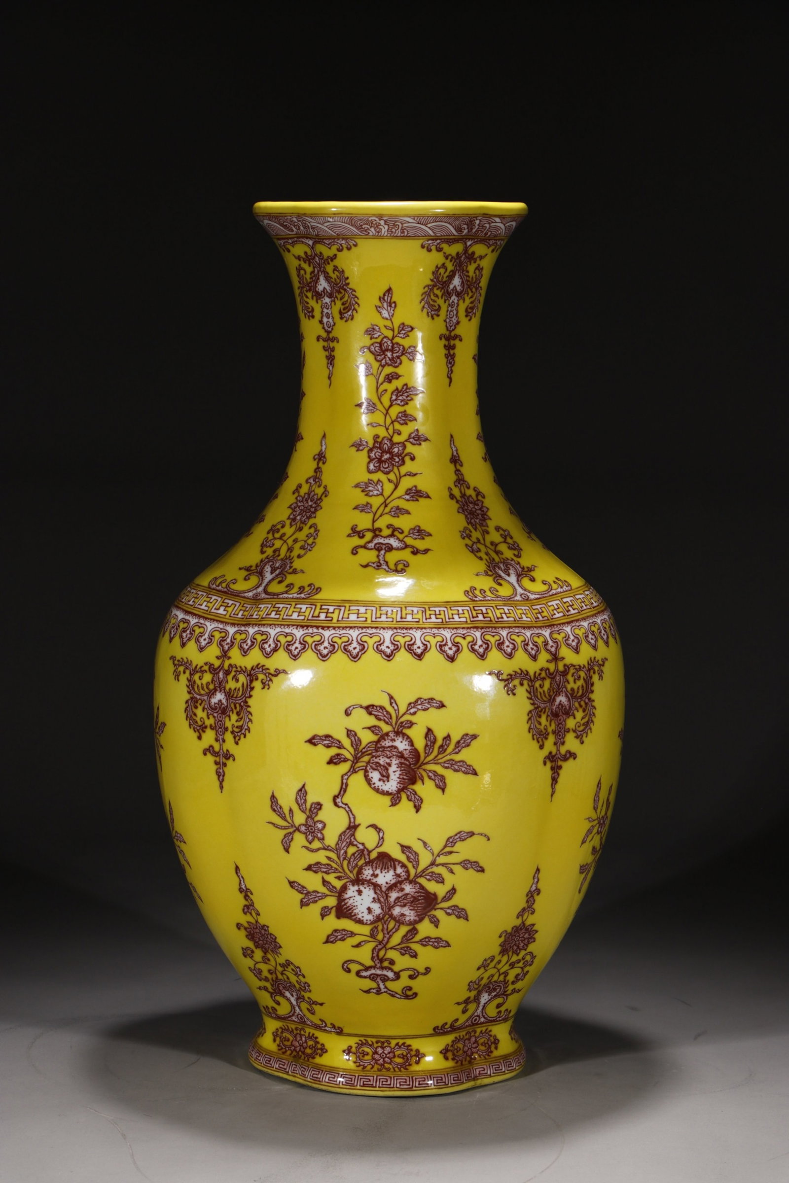 A Huge Yellow Ground Underglaze-Red Flower and Fruit Pattern Vase: A Huge Yellow Ground Underglaze-Red Flower and Fruit Pattern Vase,Qing Dynasty,China,Qianlong Six-character Mark,Size:23.4in
