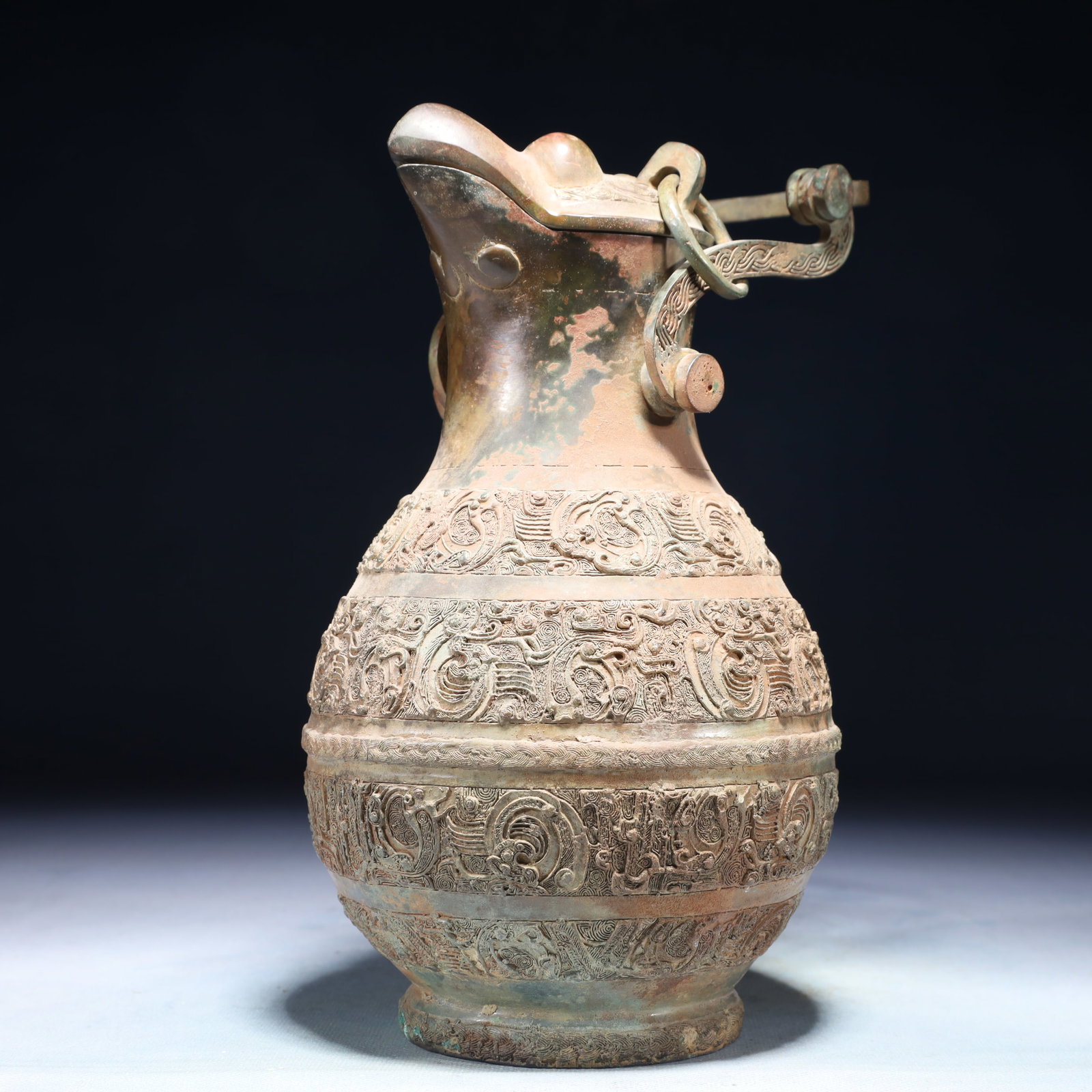 A Rare Bronze Chi-Dragon Pattern Loop-Handled Pot,With Inscription - 6