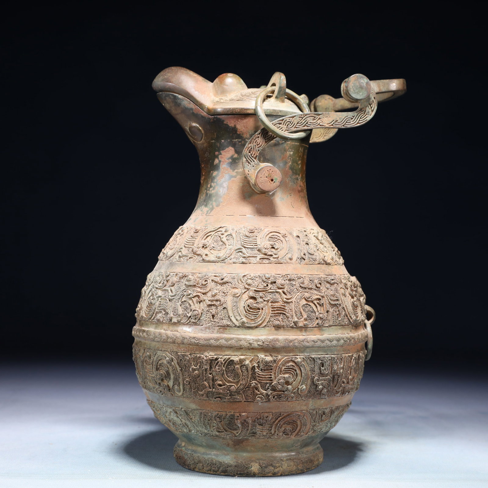 A Rare Bronze Chi-Dragon Pattern Loop-Handled Pot,With Inscription - 7