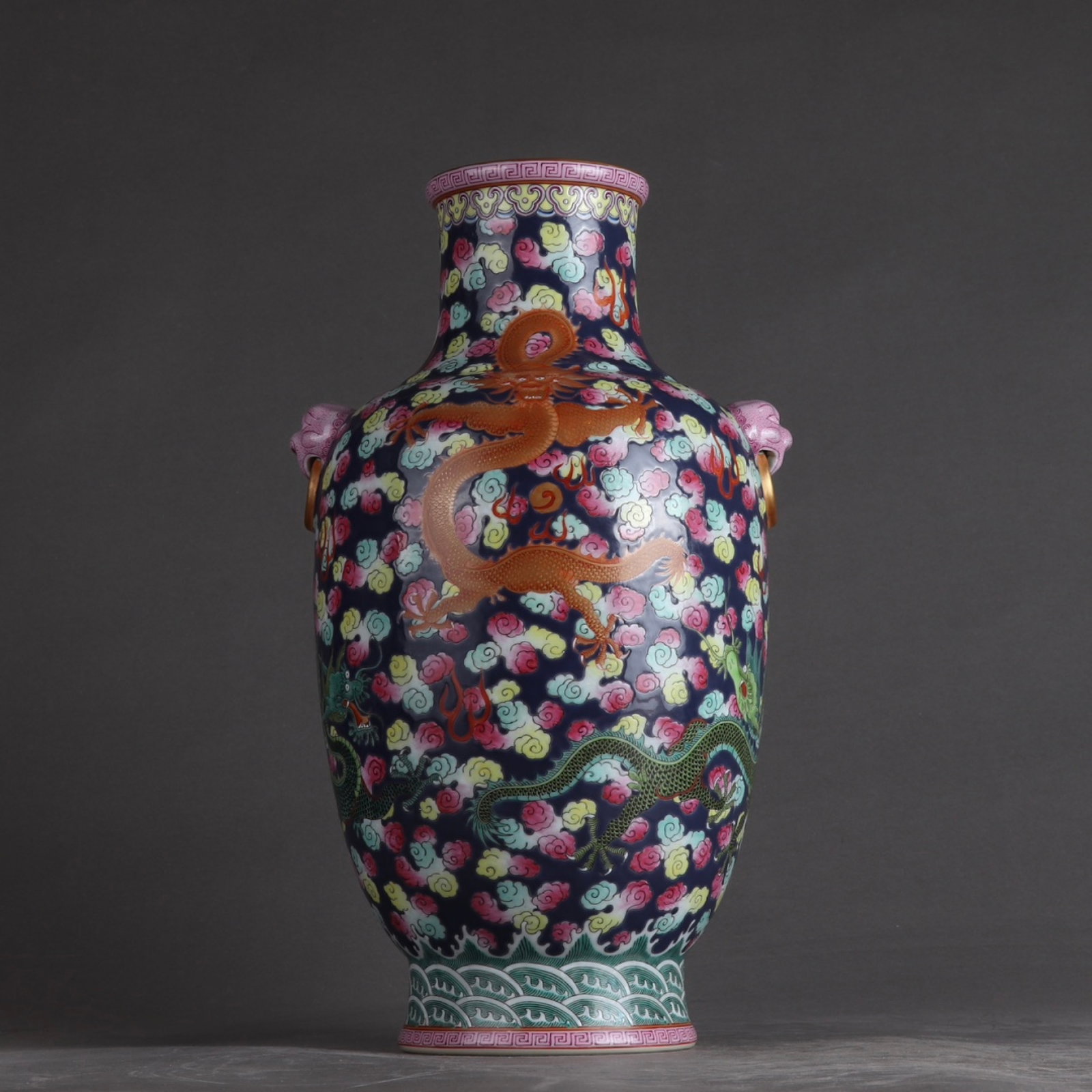 A Rare Famille-Rose Painted Gold Auspicious Cloud and Dragon Pattern Beast-Ears Vase: A Rare Famille-Rose Painted Gold Auspicious Cloud and Dragon Pattern Beast-Ears Vase,Qing Dynasty,China,Qianlong Six-character Mark,Size:13.2inx7.5in 粉彩描金祥云&#
