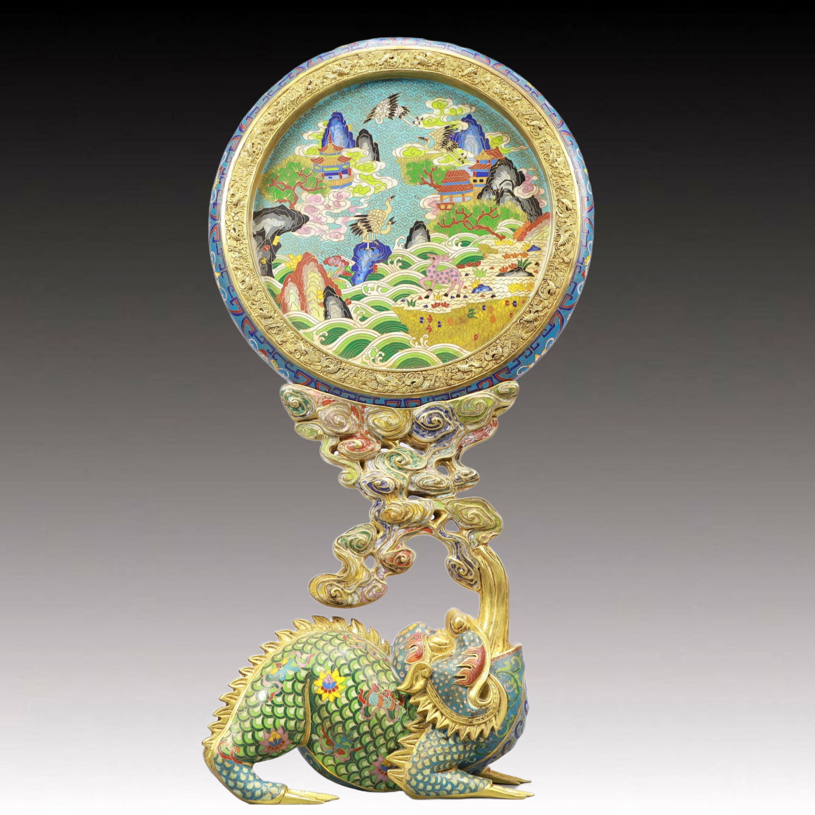 A Monumental Cloisonne Landscape and Animal Pattern Table Screen: A Monumental Cloisonne Landscape and Animal Pattern Table Screen,Qing Dynasty, China,Qianlong Four-character Mark,Size:12.2inx4.3inx24in Weight:11250g 景泰蓝山水动&