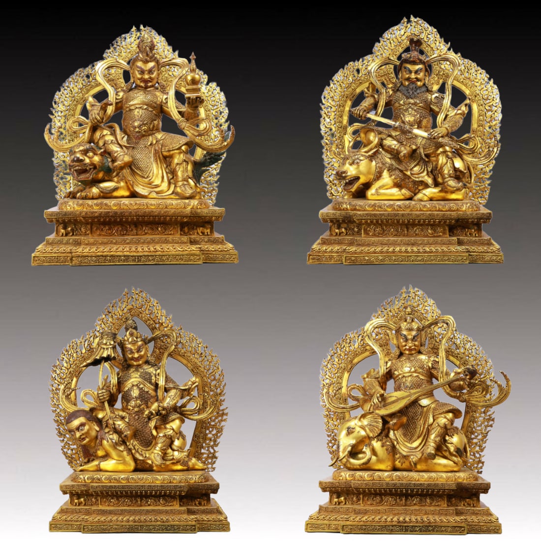A Set of Solemn Gilt Bronze Statue of Heavenly King: A Set of Solemn Gilt Bronze Statue of Heavenly King,Ming Dynasty, China,Yongle Six-character Mark,Size:17.3inx12.6inx25.4in,Total Weight:131200g 一套铜鎏金四大
