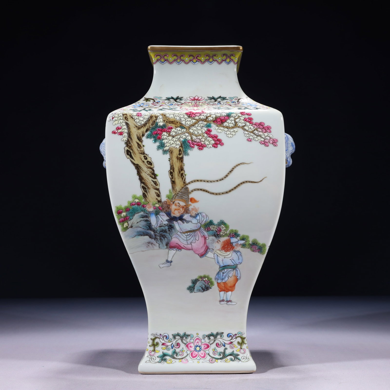 An Exquisite Famille-Rose Painted Gold Character and Story Pattern Beast-Ears Vase: An Exquisite Famille-Rose Painted Gold Character and Story Pattern Beast-Ears Vase,Qing Dynasty,China,Qianlong Six-character Mark,Size:7.5inx6.7inx12.6in,Weight:3400g