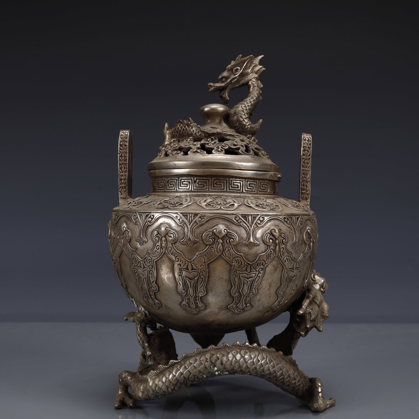 An Exquisite Silver-Plated Bronze Double-Ears Dragon-legs Censer (1 of 12)