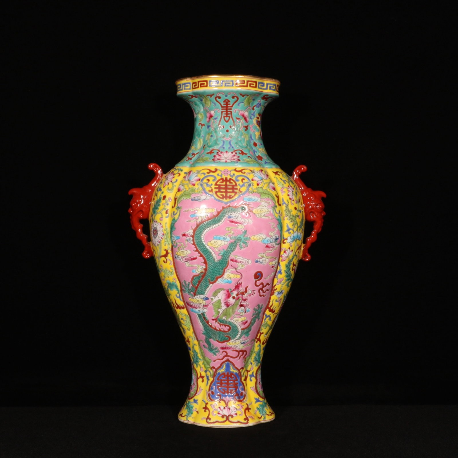 A Rare Enamel Painted Gold Auspicious Cloud and Dragon Pattern Double-Ears Vase: A Rare Enamel Painted Gold Auspicious Cloud and Dragon Pattern Double-Ears Vase,Qing Dynasty,China,Qianlong Four-character Mark,Size:15inx8.3in