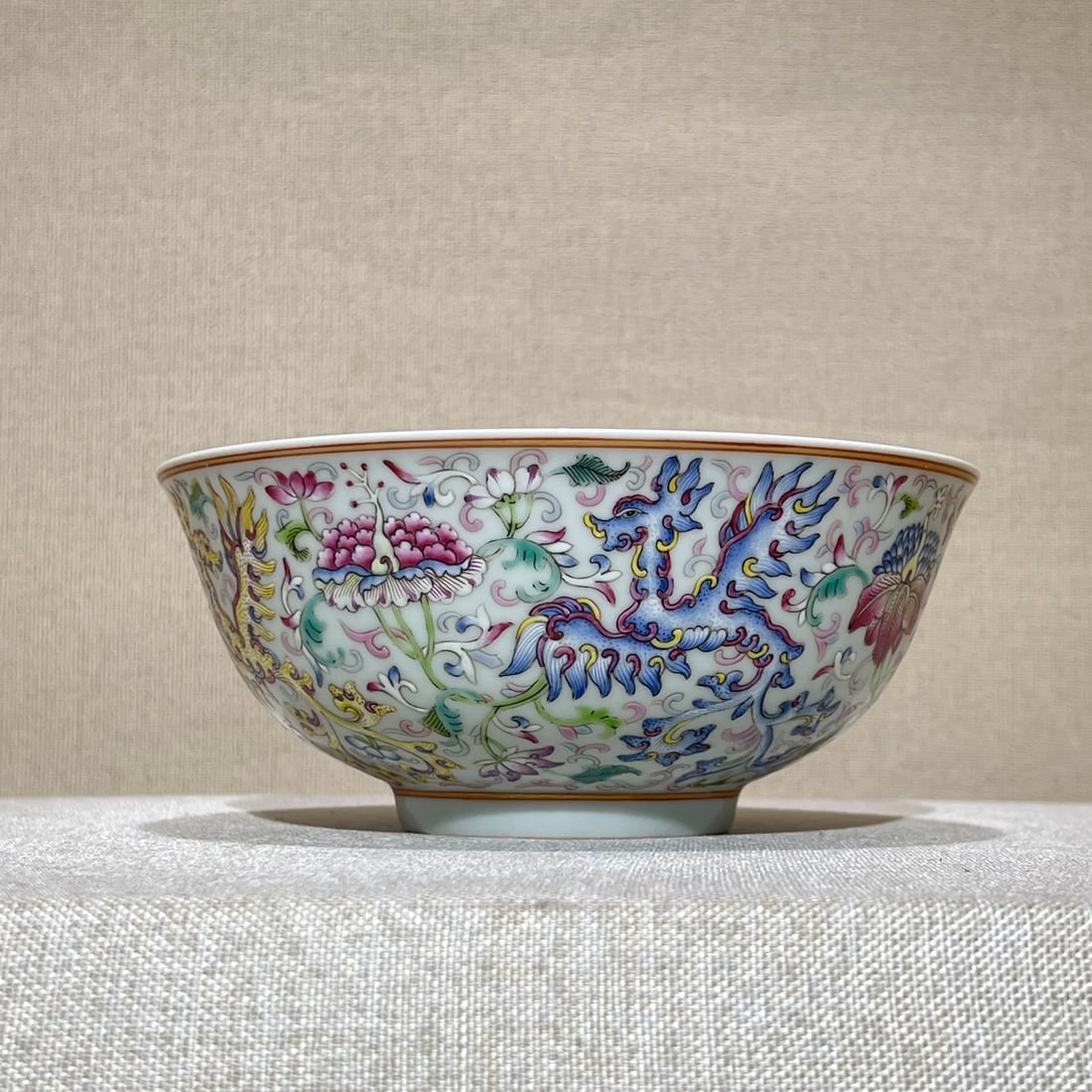 An Exquisite Famille-Rose Lotus and Phoenix Pattern Bowl: An Exquisite Famille-Rose Lotus and Phoenix Pattern Bowl,Qing Dynasty,China,Guangxu Six-character Mark,Size:3.1inx7.1in 粉彩缠枝莲凤纹碗,中国