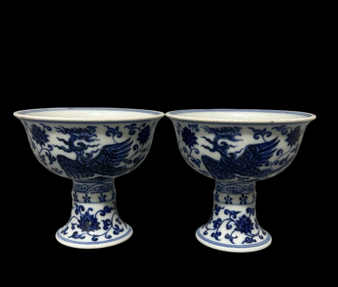 A Pair of Exquisite Blue and White Lotus and Phoenix Pattern Stem Cups: A Pair of Exquisite Blue and White Lotus and Phoenix Pattern Stem Cups,Ming Dynasty,China,Xuande Six-character Mark,Size:3.8inx3.5in