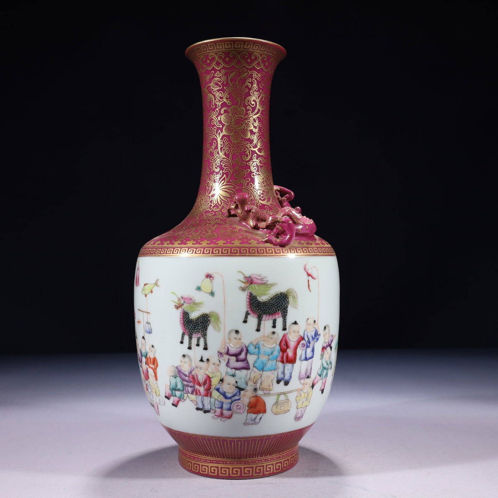 An Exquisite Famille-Rose Painted Gold Character and Story Pattern Dragon-Ears Vase: An Exquisite Famille-Rose Painted Gold Character and Story Pattern Dragon-Ears Vase,Qing Dynasty,China,Yongzheng Six-character Mark,Size:5.9inx13in,Weight:1700g 粉彩描金人