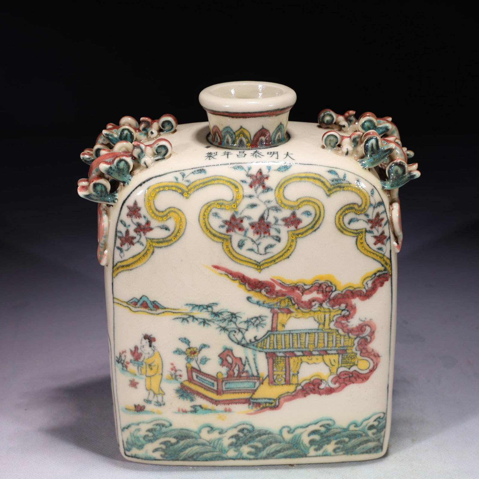 An Exquisite Wucai Character and Story Pattern Double-Ears Vase: An Exquisite Wucai Character and Story Pattern Double-Ears Vase,Ming Dynasty,China,Taichang Six-character Mark,Size:7.5inx3.1inx9.1in,Weight:1700g