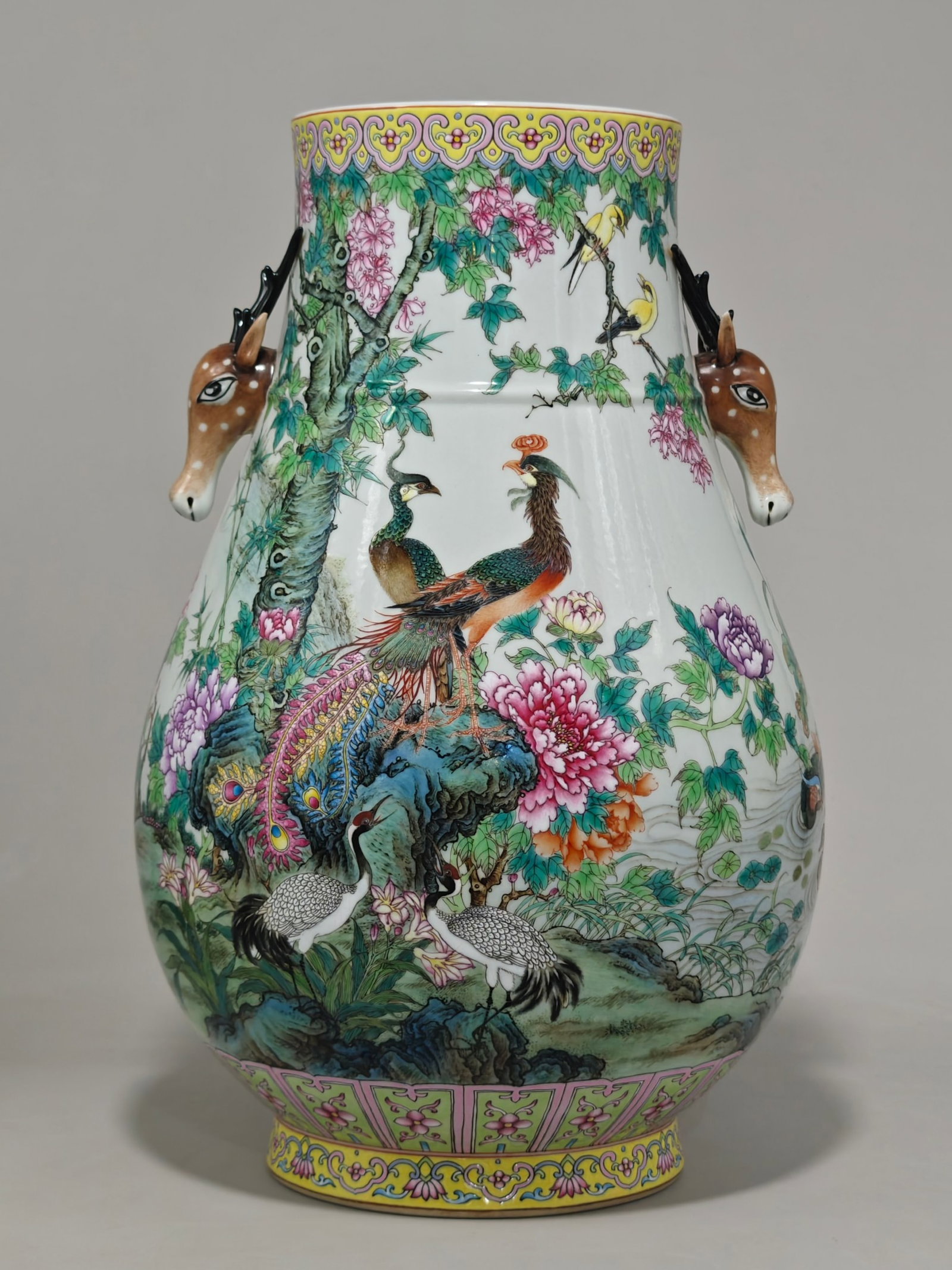 A Rare Famille-Rose Flower and Phoenix Pattern Deer-Ears Vase,with poem: A Rare Famille-Rose Flower and Phoenix Pattern Deer-Ears Vase,with poem,Qing Dynasty,China,Yongzheng Six-character Mark,Size:15inx9.4in