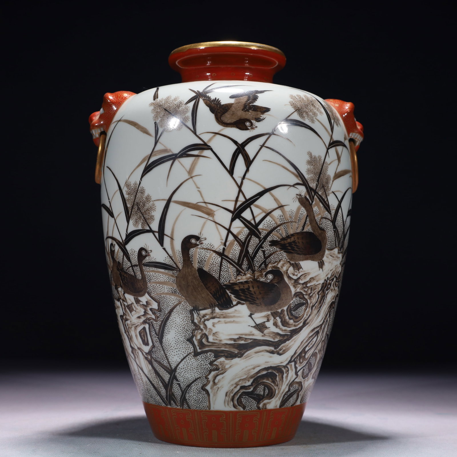 An Exquisite Ink Color Painted Gold Flower and Bird Pattern Beast-Ears Vase,with poem: An Exquisite Ink Color Painted Gold Flower and Bird Pattern Beast-Ears Vase,with poem,Qing Dynasty,China,Qianlong Six-character Mark,Size:7.5inx10.6in,Weight:1850g 墨彩描金!