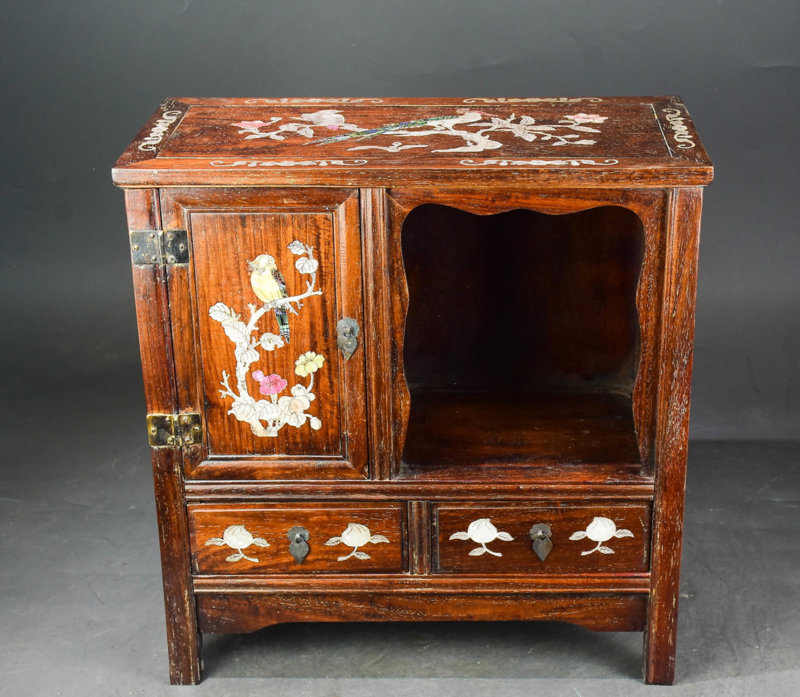 A Huge Huanghuali wood Inlaid Shell Flower and Bird Pattern Cabinet: A Huge Huanghuali wood Inlaid Shell Flower and Bird Pattern Cabinet,Qing Dynasty,China,Size:16.9inx16.3inx7.9in