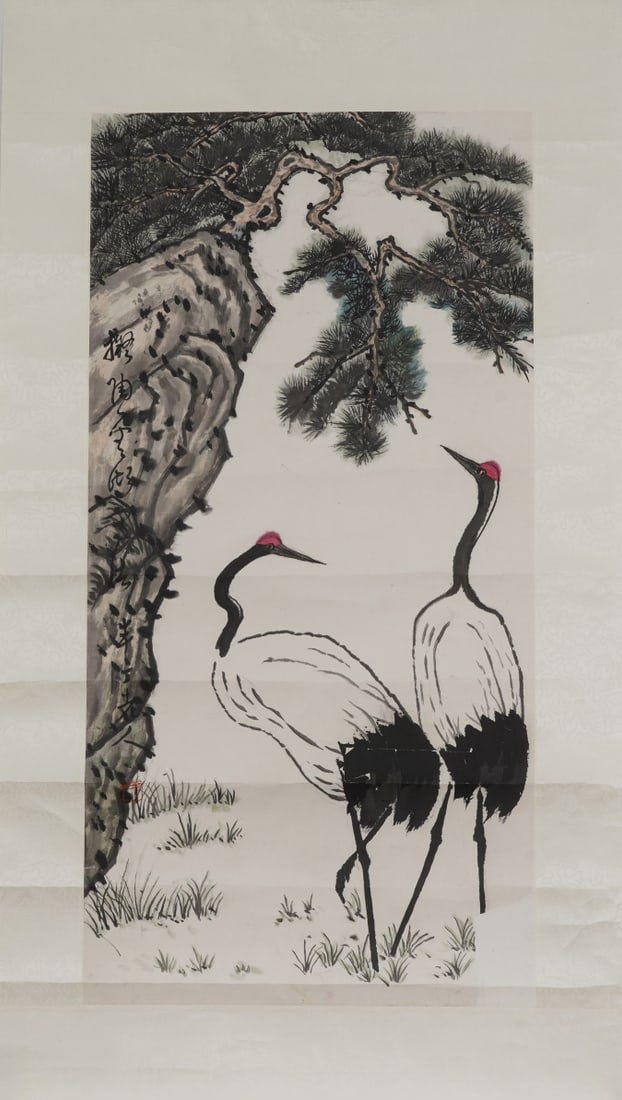 A Chinese Ink Painting of Pine and Crane on Paper: A Chinese Ink Painting of Pine and Crane on Paper,Chen Banding,Size:33.9inx17.3in 一幅中国水墨松鹤画,陈半丁