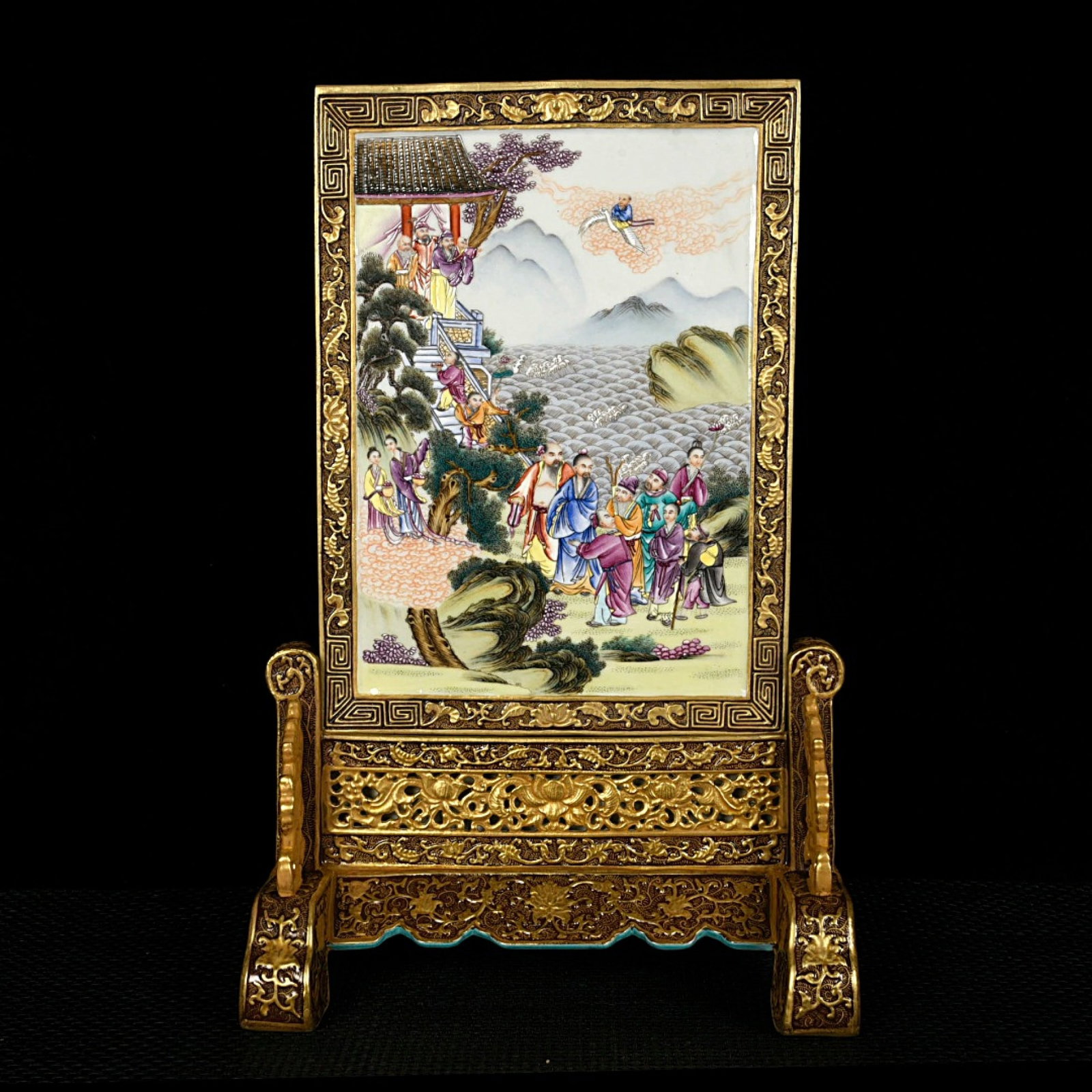 A Rare Enamel Painted Gold Character and Story Pattern Screen,with poem (1 of 9)