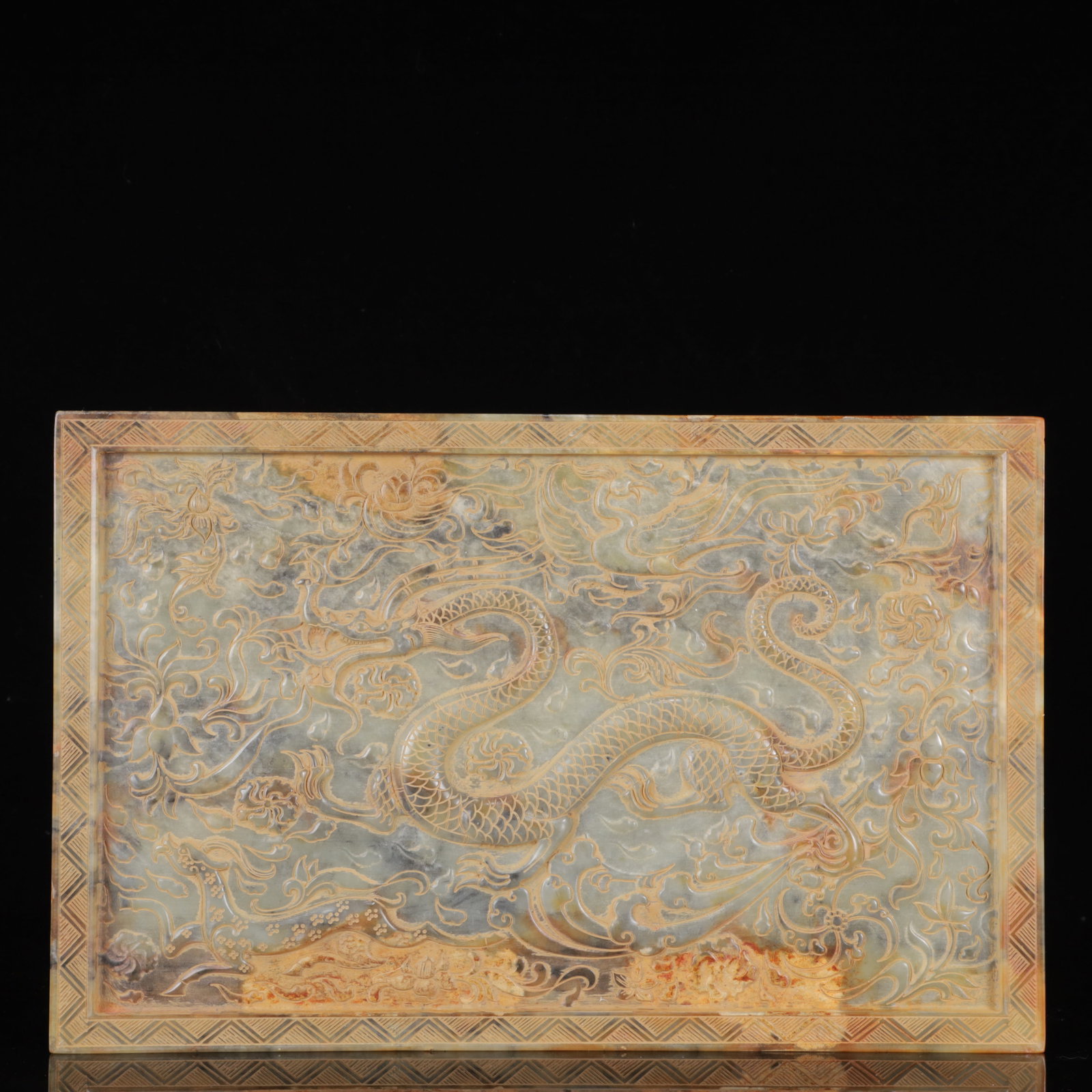 An Exquisite White Jade Dragon Pattern Ornament,with Poem: An Exquisite White Jade Dragon Pattern Ornament,with Poem,Qing Dynasty,China,Size:13.8inx0.8inx9.1in,Weight:2750g 白玉龙纹摆件,带诗文,中
