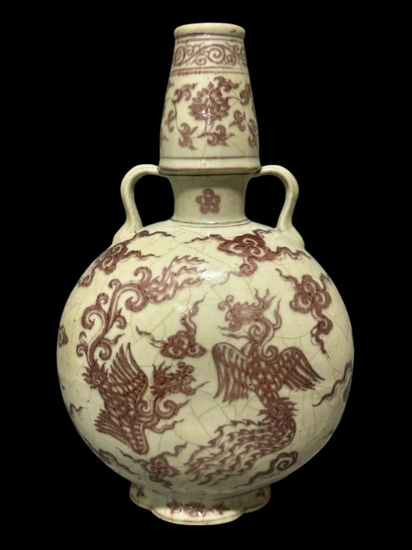 A Rare Underglaze-Red Auspicious Cloud and Phoenix Pattern Double-Ears Vase: A Rare Underglaze-Red Auspicious Cloud and Phoenix Pattern Double-Ears Vase,Qing Dynasty,China,Size:13.1inx7.7in