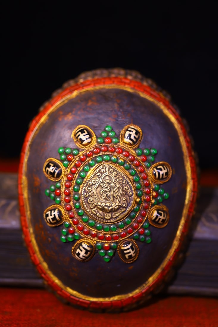 An Exquisite Bronze Inlaid Dzi Bead and Gems Beast-Face Pattern Bowl (1 of 9)
