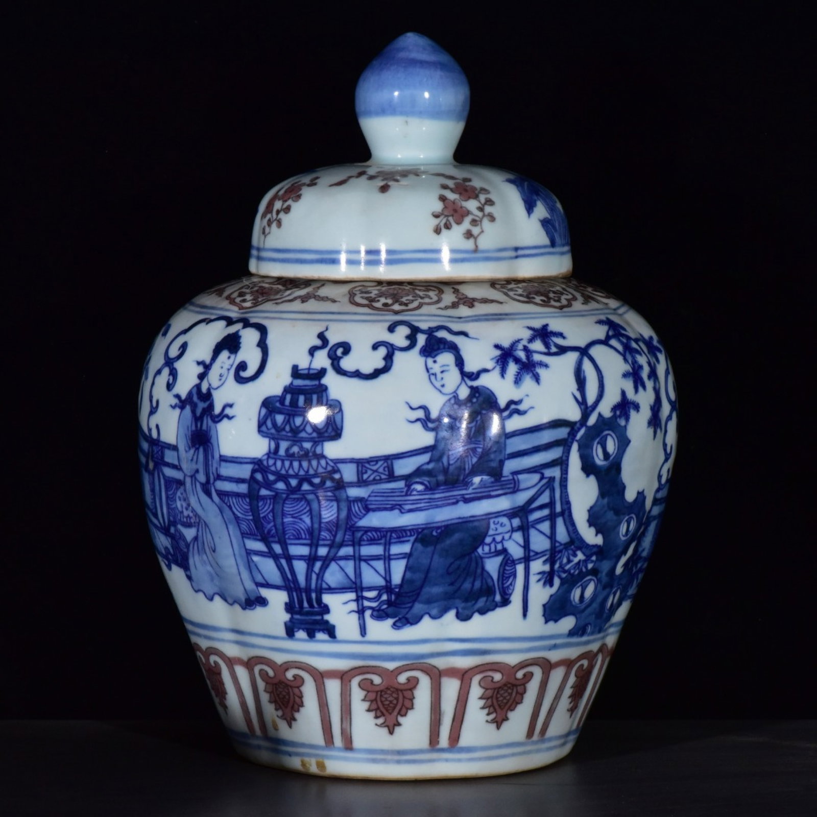 A Rare Blue and White Underglaze-Red Character and Story Pattern Jar with Cover: A Rare Blue and White Underglaze-Red Character and Story Pattern Jar with Cover,Ming Dynasty,China,Wanli Six-character Mark,Size:12.2inx9.1in
