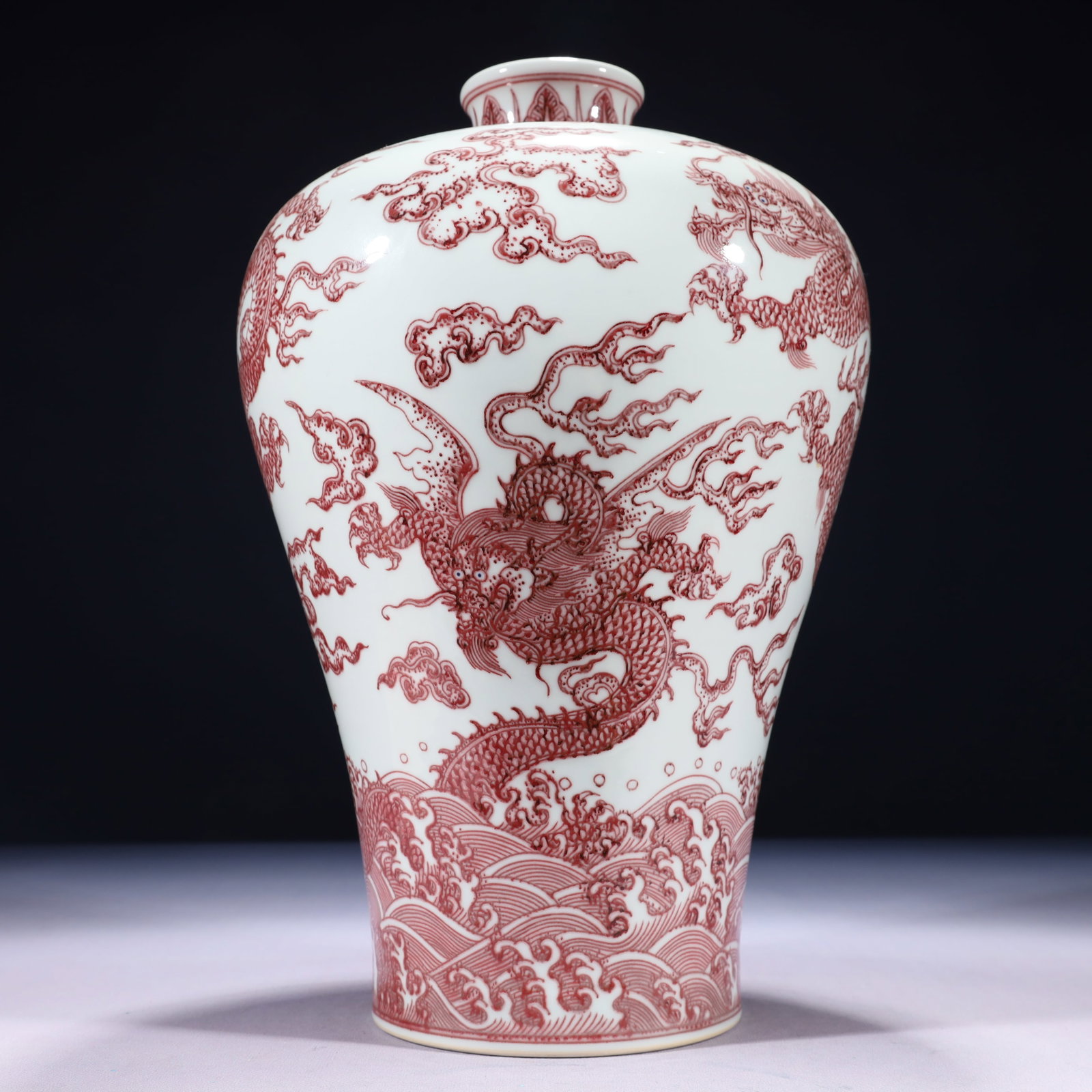 An Exquisite Ruby Red-Glazed Auspicious Cloud and Dragon Pattern Vase: An Exquisite Ruby Red-Glazed Auspicious Cloud and Dragon Pattern Vase 胭脂红祥云龙纹瓶,中国清代,雍正六字