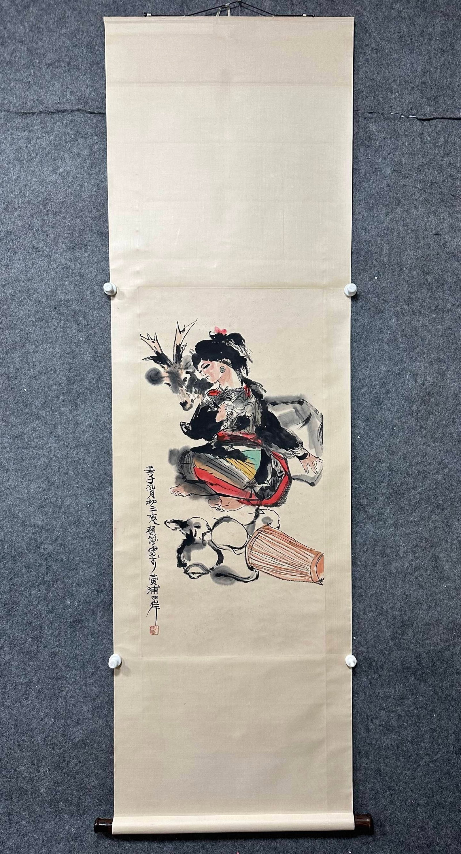 A Chinese Vertical Scroll Ink Painting of Character and Story on Paper: A Chinese Vertical Scroll Ink Painting of Character and Story on Paper,Cheng Shifa,Size:19.3inx38.6in