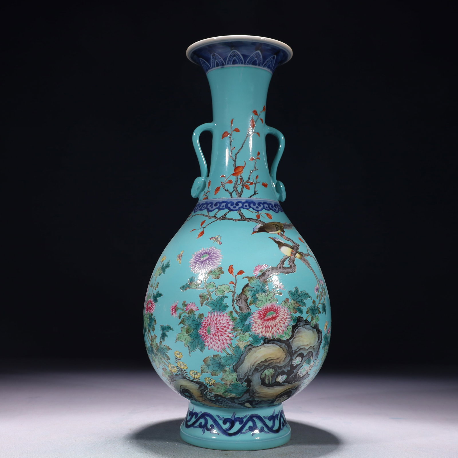 An Exquisite Turquoise Glazed Famille-Rose Flower and Bird Pattern Double-Ears Vase,with poem: An Exquisite Turquoise Glazed Famille-Rose Flower and Bird Pattern Double-Ears Vase,with poem,Qing Dynasty,China,Qianlong Six-character Mark,Size:5.9inx13.4in,Weight:1550g 松石绿%