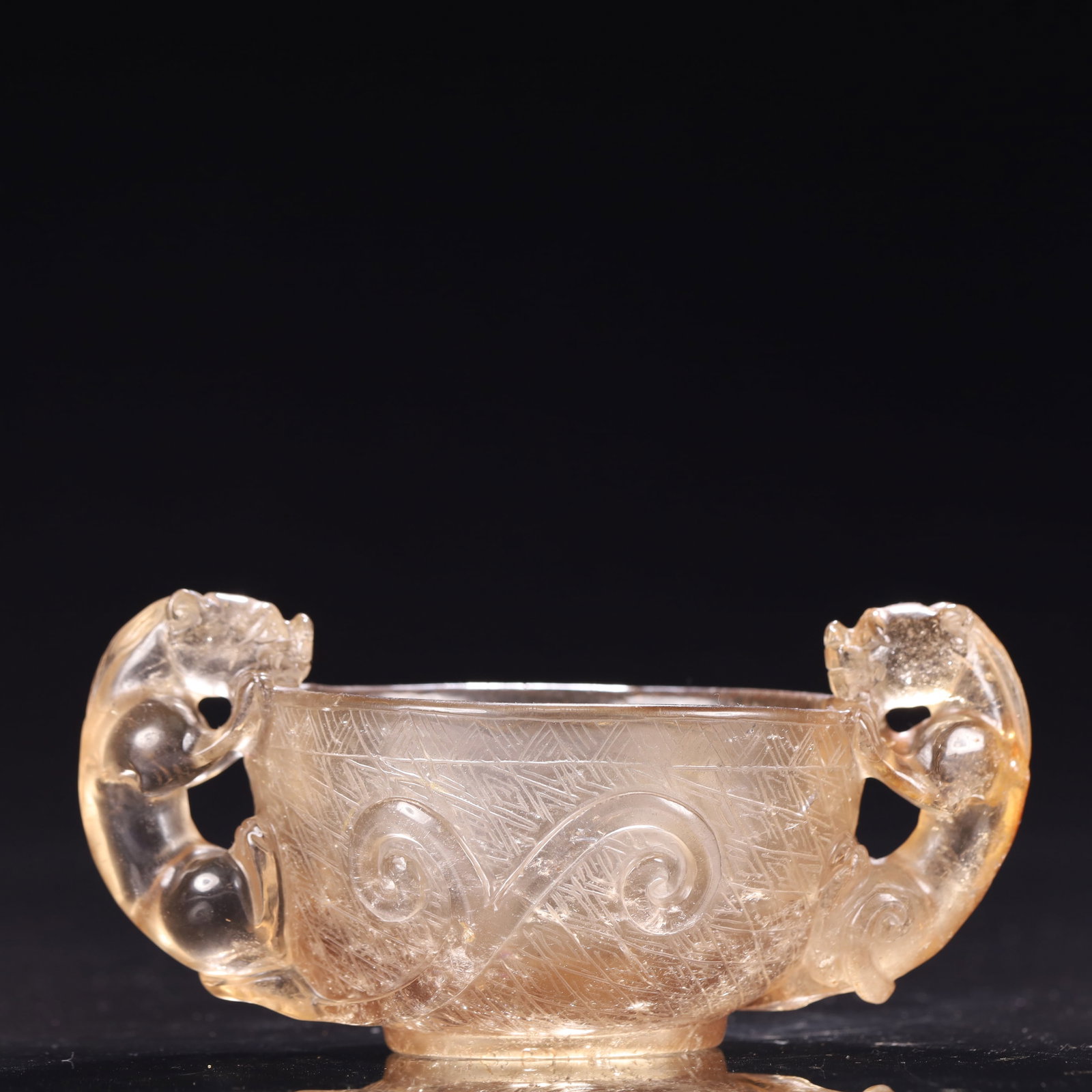 An Exquisite Crystal Chi-Dragon-Ears Cup: An Exquisite Crystal Chi-Dragon-Ears Cup,Qing Dynasty, China,Size:4.3inx2.2inx2.6in,Weight:200g 水晶螭龙耳杯,中国清代