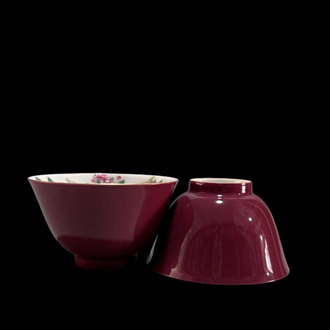 A Pair of Exquisite Ruby Red-Ground Famille-Rose Flower and Butterfly Pattern Cups,with poem: A Pair of Exquisite Ruby Red-Ground Famille-Rose Flower and Butterfly Pattern Cups,with poem,Qing Dynasty,China,Yongzheng Four-character Mark,Size:3.3inx2in