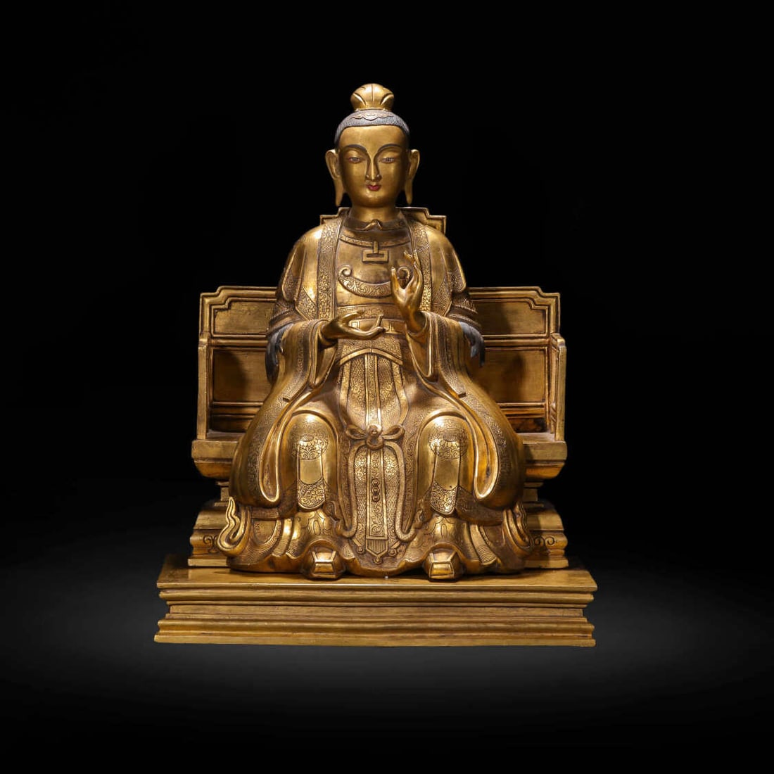 A Solemn Gilt Bronze Figure Ornament: A Solemn Gilt Bronze Figure Ornament,Ming Dynasty,China,Size:15inx13inx18.9in,Weight:26150g 铜鎏金人物摆件,中国明代