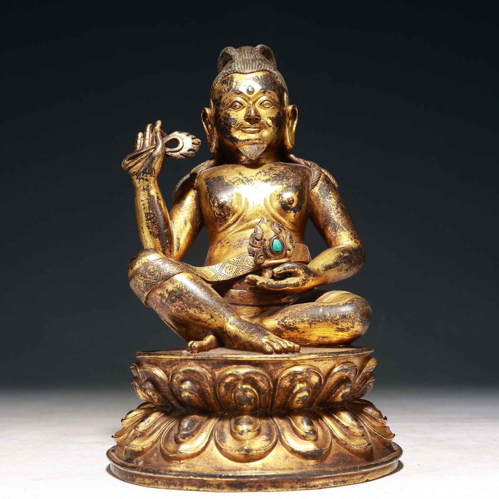A Solemn Gilt Bronze Statue of Guru,With Inscription,Inlaid Turquoise: A Solemn Gilt Bronze Statue of Guru,With Inscription,Inlaid Turquoise,Qing Dynasty, China,Size:6.3inx5.9inx9.8in,Weight:3150g ??????,???,????,????