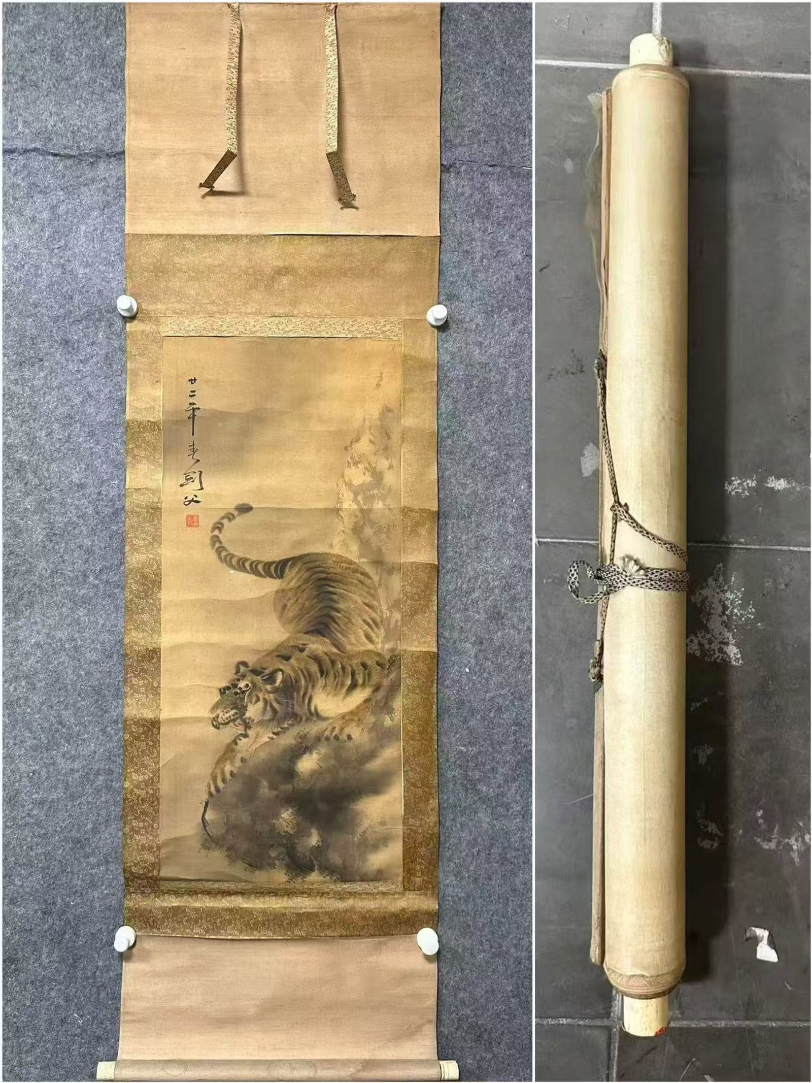 A Chinese Vertical Scroll Ink Painting of Tiger on Silk (1 of 8)
