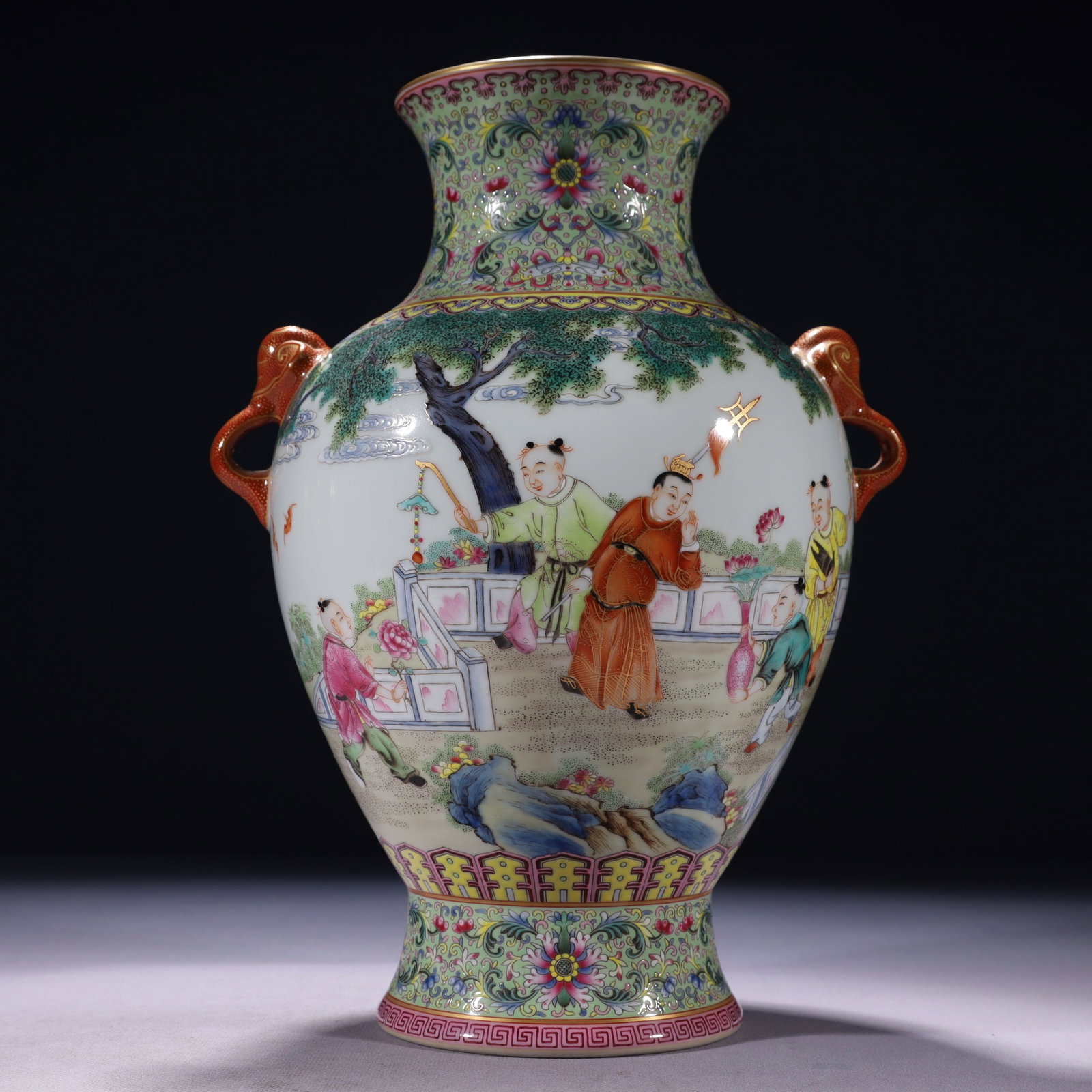 An Exquisite Famille-Rose Painted Gold Character and Story Pattern Elephant-Ears Vase: An Exquisite Famille-Rose Painted Gold Character and Story Pattern Elephant-Ears Vase,Qing Dynasty,China,Qianlong Six-character Mark,Size:8.7inx11.8in,Weight:2000g 粉彩描金
