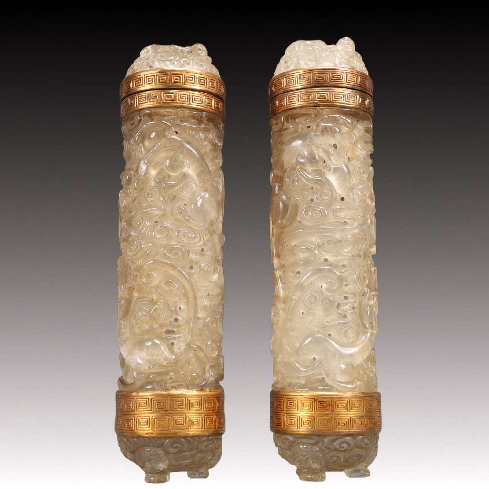 A Pair of Exquisite Crystal Auspicious Beast Pattern Ornaments: A Pair of Exquisite Crystal Auspicious Beast Pattern Ornaments,Qing Dynasty, China,Size:2.2inx9.1in Weight:g 一对水晶瑞兽纹摆件,中国&#
