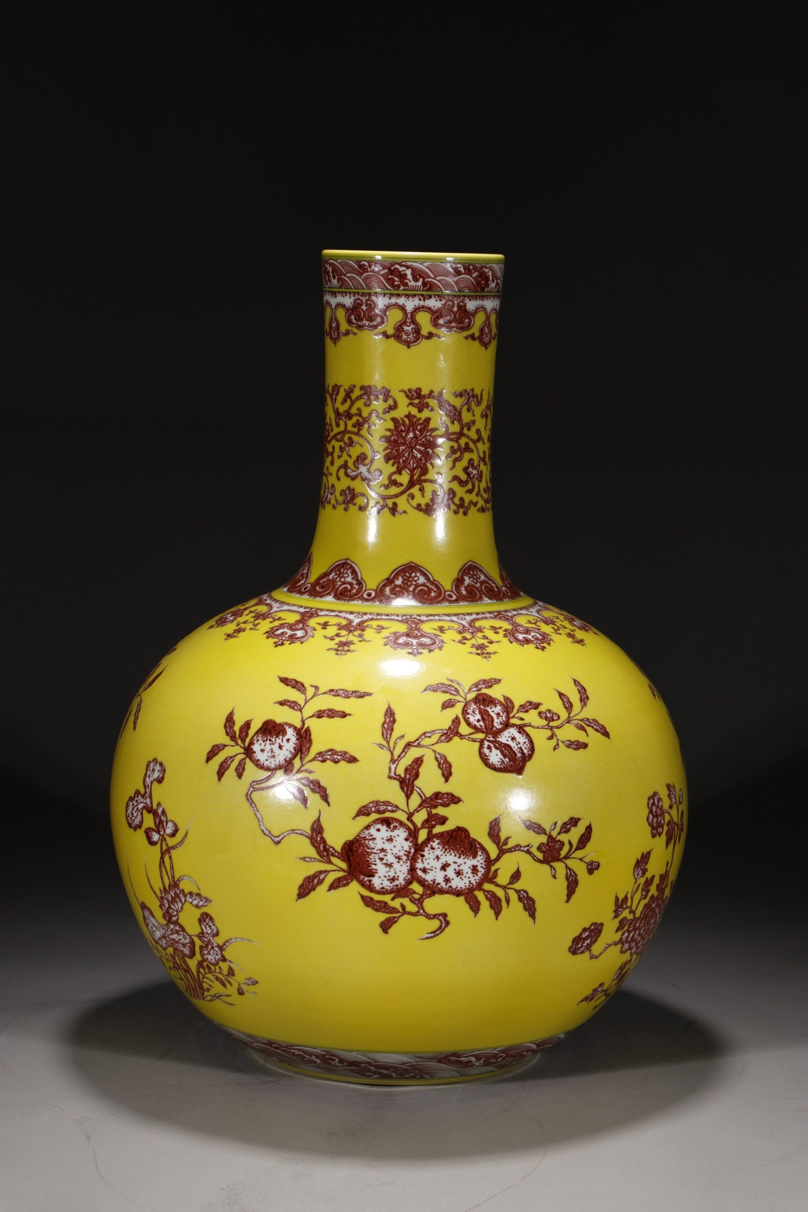 A Huge Yellow Ground Underglaze-Red Flower and Fruit Pattern Vase: A Huge Yellow Ground Underglaze-Red Flower and Fruit Pattern Vase,Qing Dynasty,China,Yongzheng Six-character Mark,Size:21.3in 黄地釉里红花果纹瓶,&