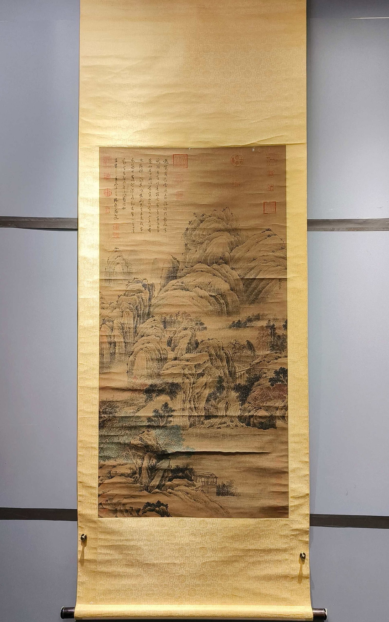 A Chinese Vertical Scroll Ink Painting of Landscape on Paper: A Chinese Vertical Scroll Ink Painting of Landscape on Paper,Fan Kuan,Size:50inx25.2in 一幅中国水墨山水画立轴,范宽