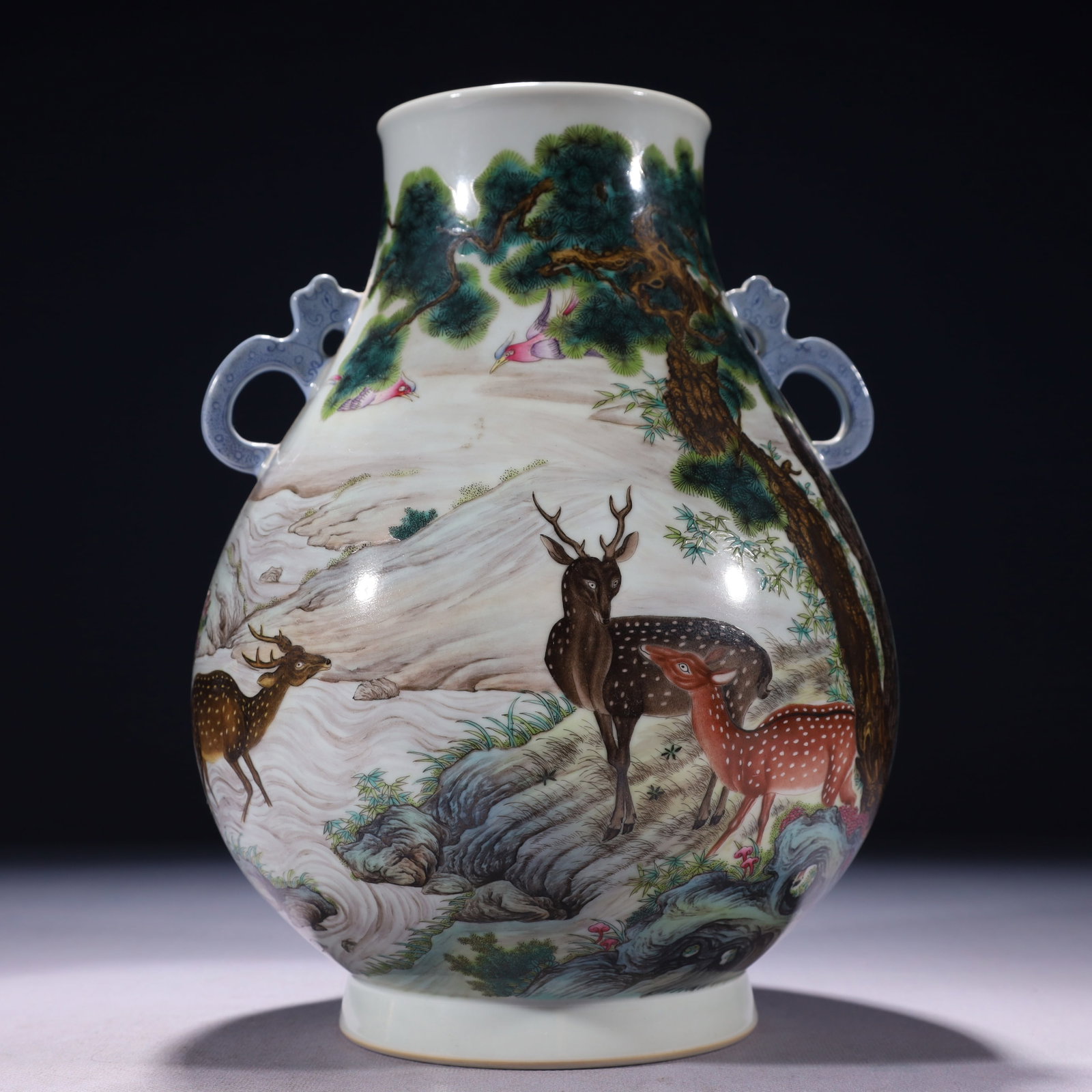 An Exquisite Enamel Pine and Deer Pattern Double-Ears Vase,with poem: An Exquisite Enamel Pine and Deer Pattern Double-Ears Vase,with poem,Qing Dynasty,China,Qianlong Six-character Mark,Size:7.1inx10.6in,Weight:2150g 珐琅彩松鹿纹Ö