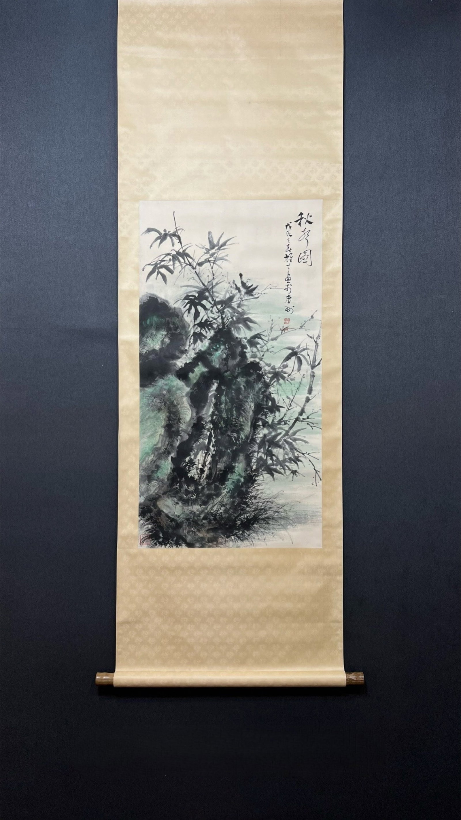A Chinese Vertical Scroll Ink Painting of Landscape on Paper: A Chinese Vertical Scroll Ink Painting of Landscape on Paper,Li Xiongcai,Size:20.5inx38.6in 一幅中国水墨山水画立轴,黎雄