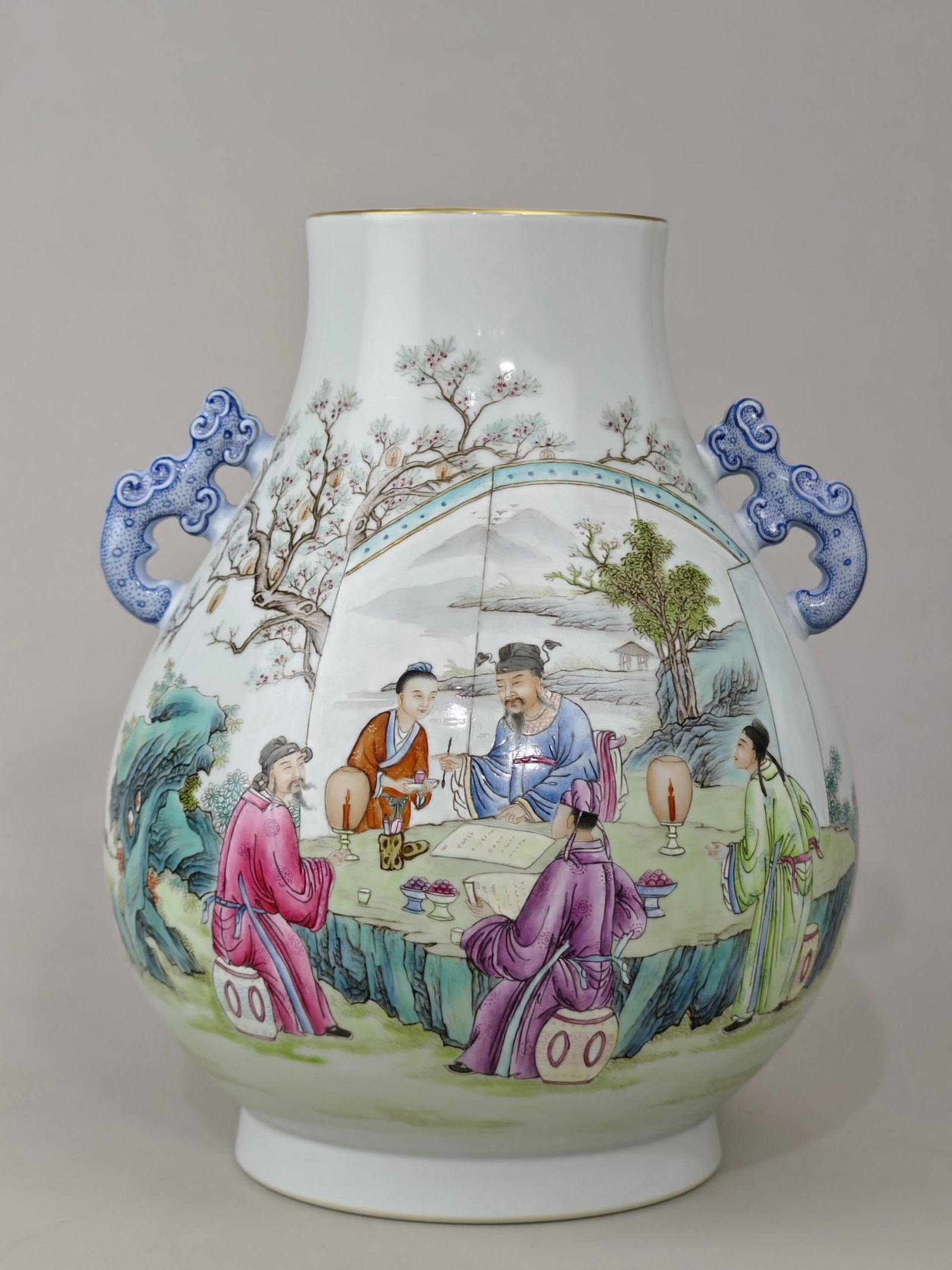 An Exquisite Famille-Rose Painted Gold Character and Story Pattern Double-Ears Vase: An Exquisite Famille-Rose Painted Gold Character and Story Pattern Double-Ears Vase,Qing Dynasty,China,Yongzheng Six-character Mark,Size:10.8inx9.1in 粉彩描金人物&#