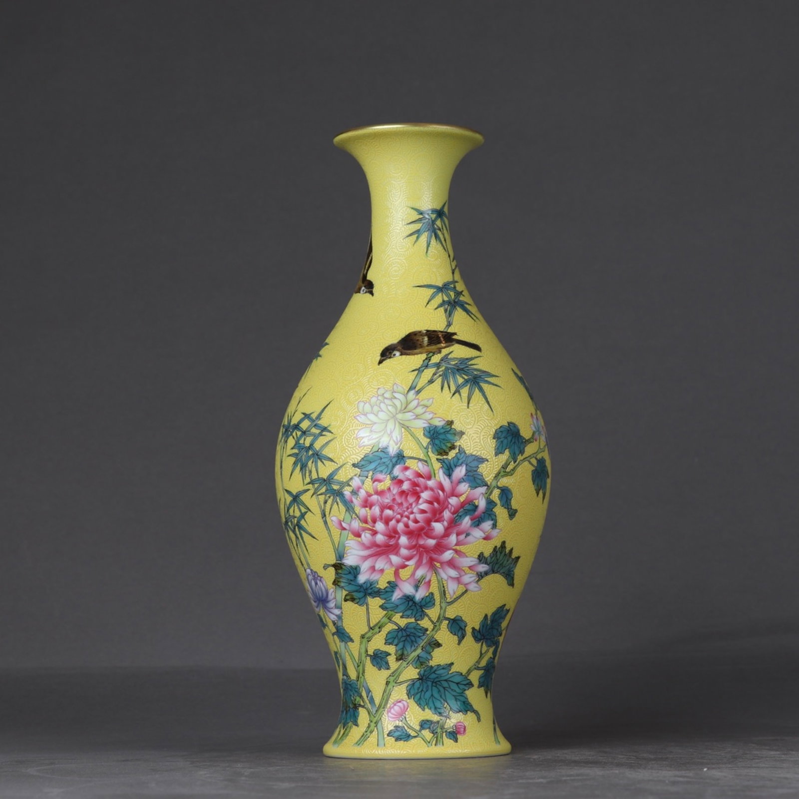 An Exquisite Yellow Ground Famille-Rose Painted Gold Flower and Bird Pattern Vase,with poem: An Exquisite Yellow Ground Famille-Rose Painted Gold Flower and Bird Pattern Vase,with poem,Qing Dynasty,China,Yongzheng Six-character Mark,Size:8.7inx3.9in 黄地粉彩描