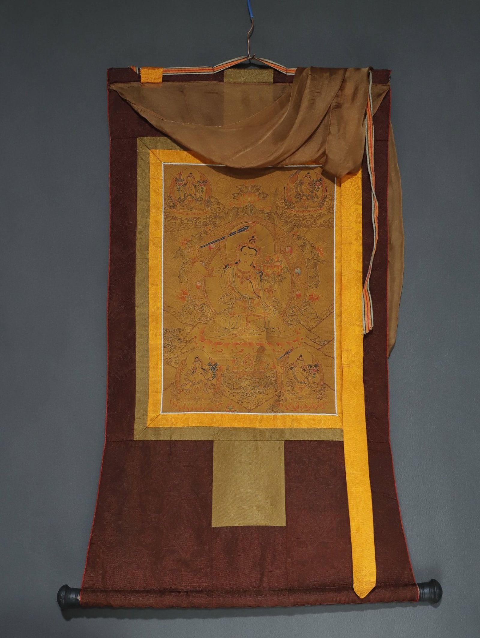 A Rare Brocade Painted Color Statue of Manjusri Tangka: A Rare Brocade Painted Color Statue of Manjusri Tangka,Qing Dynasty, China,Size:34.6inx18.1in,(Without frame)16.5inx11in 织锦彩绘文殊菩萨像唐