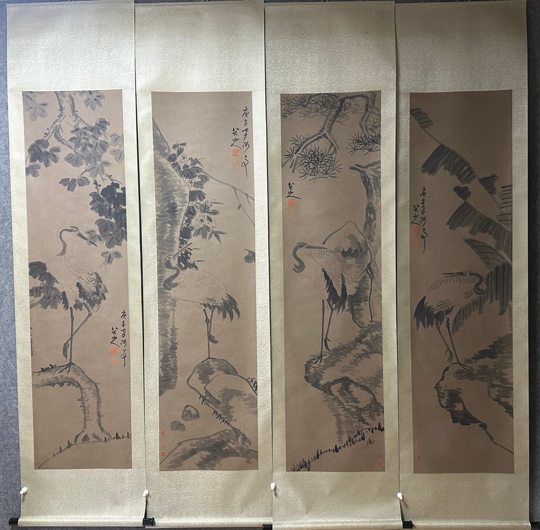 A Set of Chinese Vertical Scroll Ink Painting of Crane on Paper: A Set of Chinese Vertical Scroll Ink Painting of Crane on Paper,Size:70.5inx18.5in*4 一套中国水墨鹤图立轴