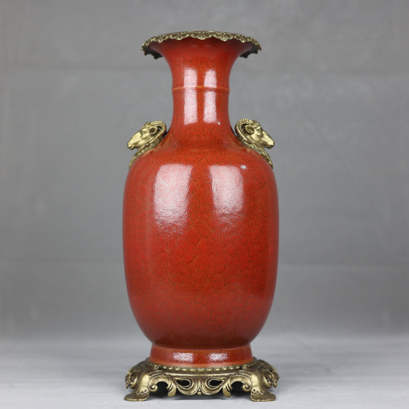 A Huge Red Glazed Inlaid Bronze Sheep-Ears Vase: A Huge Red Glazed Inlaid Bronze Sheep-Ears Vase,Qing Dynasty,China,Kangxi Six-character Mark,Size:17.5inx7.5in 红釉镶铜羊耳瓶,中国清代